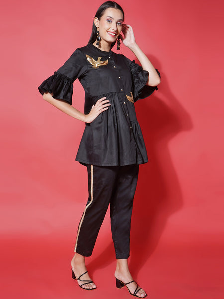 Black Cotton Silk Hand Embellished Coord Set-WRKS117