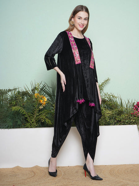 Black Velvet Hand Embellished Jacket with Inner and Dhoti Salwaar-WRKS138