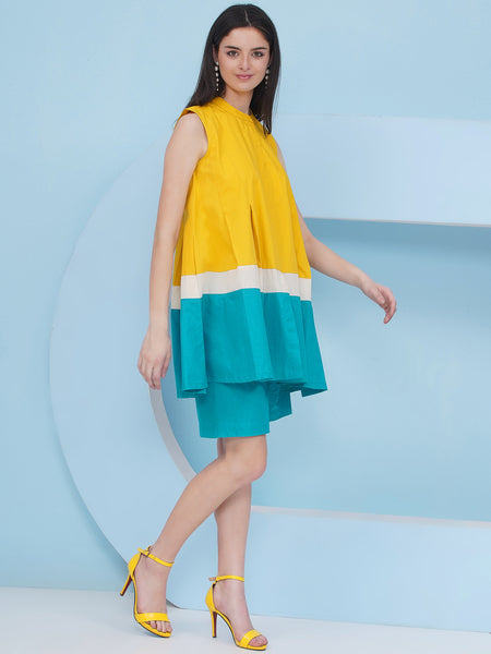 Yellow Loose Fit Top with Blue Shorts-WRKS481