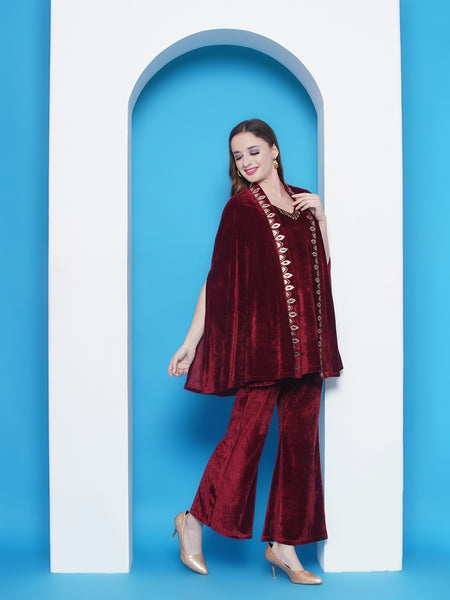 Maroon Embroidered Velvet 3 pcs Cape set-WRKS145