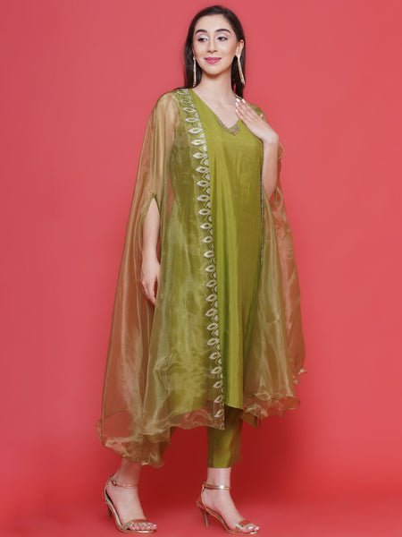 Green Muslin Set With Embroidered Organza Kaftaan Style Jacket-WRKS132