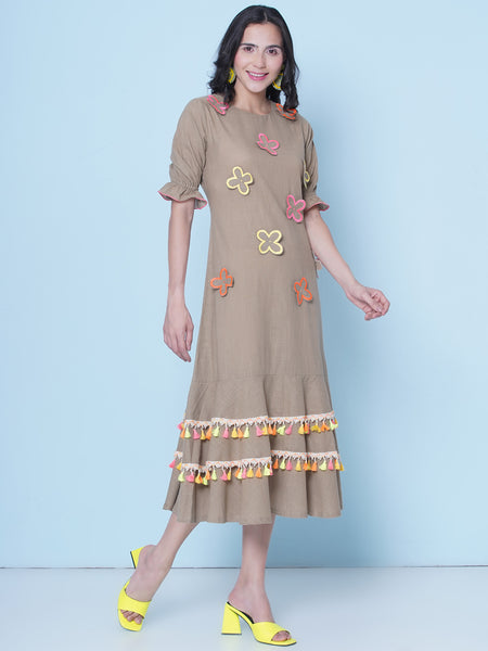 Brown Cotton Embroidered Dress-WRK458