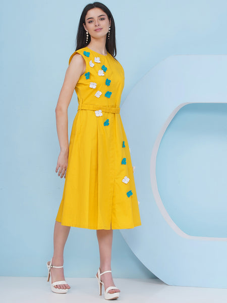Yellow Cotton Dress with Belt and 3D Flower-WRK482