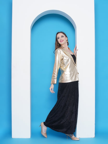 Golden Hand Embellished Blazer with Black velvet Jumpsuit-WRKS144