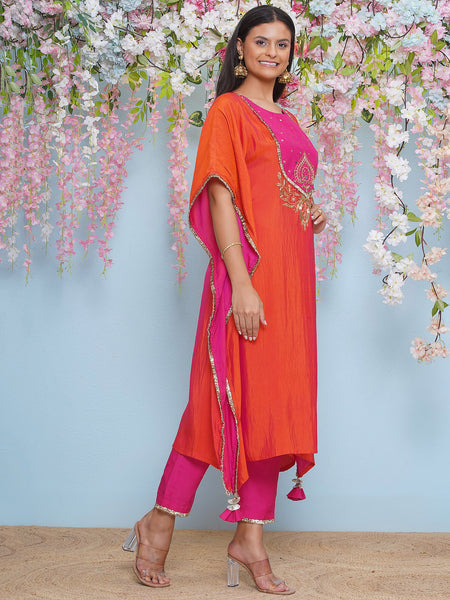 Orange And Pink Dual Tone Hand Embellished Kaftaan with Pants-WRKS197