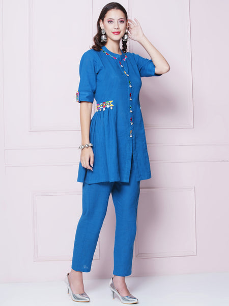 Blue Cotton Mirror Embroidered Coord Set-WRKS155