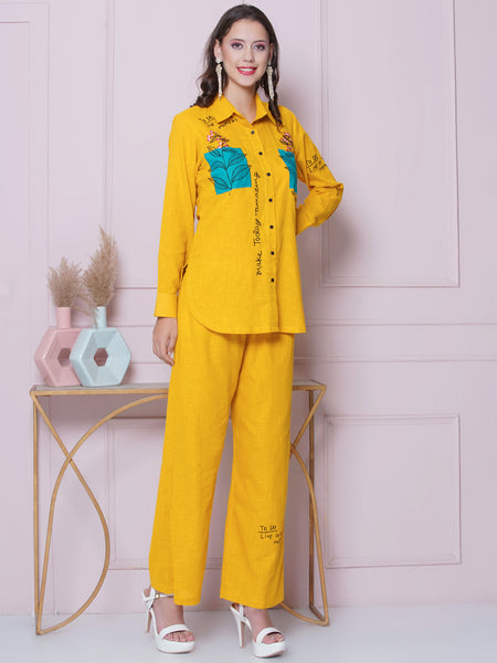 Yellow Cotton Embroidered Shirt with High Waist Pallazo-WRKS162Y