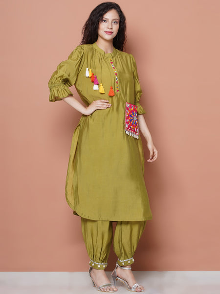 Green Art Silk Emdroidered Afghani Set-WRKS116