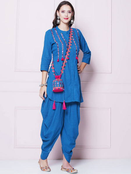 Blue Mirror Embroidered Kurta with Salwaar And Potli-WRKS156B