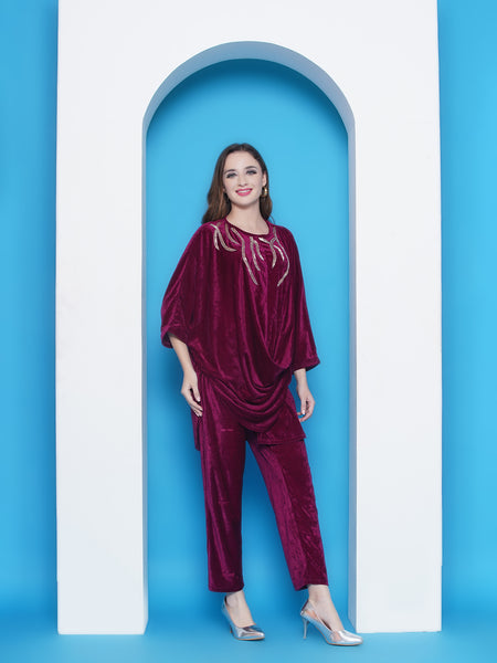 Wine Vevet Hand Embellished Drape Style Kurta with Pant-WRKS146