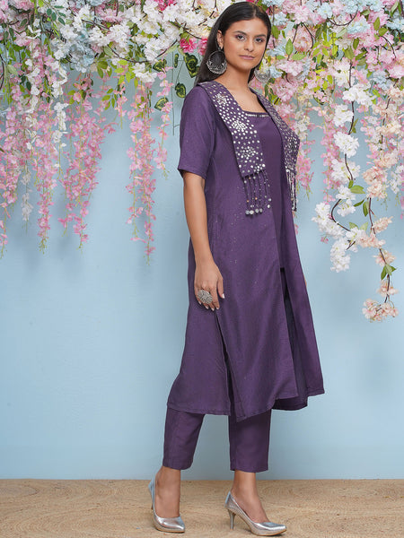 Mauve Hand Embellished Jacket with Inner and pant-WRKS200