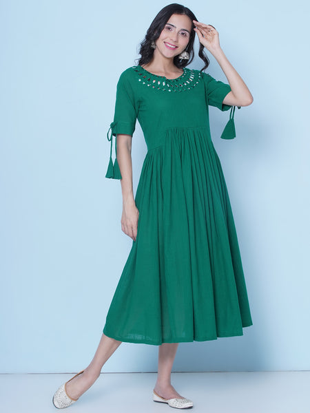 Green Cotton Mirror Embroidered Dress-wrk461