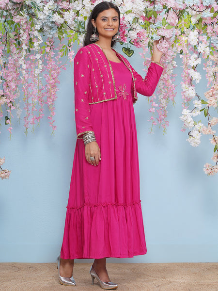 Pink Full Lenght Anarkali Gown with Hand embellished short jacket-WRK473