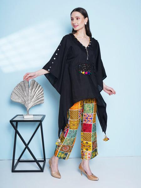 Black Kaftaan With Mirror work bely and printed Plazzo-WRKS154