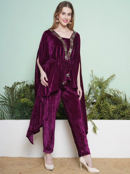 Wine Velvet Hand Embellished Kaftaan with Pants-WRK135