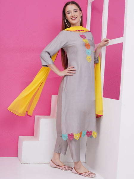 Grey Embroidered Suit with Dupatta-WRS004
