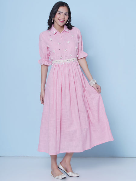 Baby Pink Cotton Hand Embellished Dress-WRK463