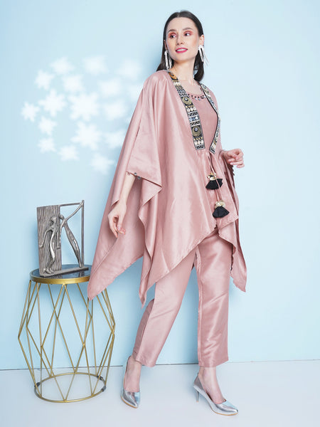 Rose Gold Silk Muslin 3 Pcs Hand Embellished Kaftaan Set-WRKS150