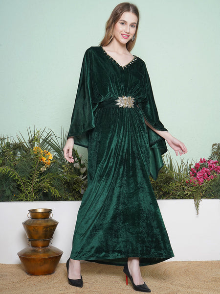 Green Velvet Cape Style Hand Embellished Gown with Belt-WRK453