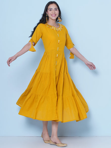 Yellow Cotton Mirror Embroidered Tiered Dress-Wrk459