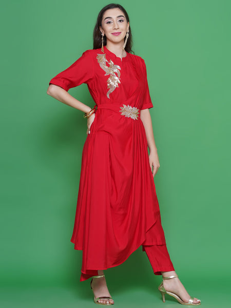 Red Muslin Hand Embellished Drape Set-WRKS129R