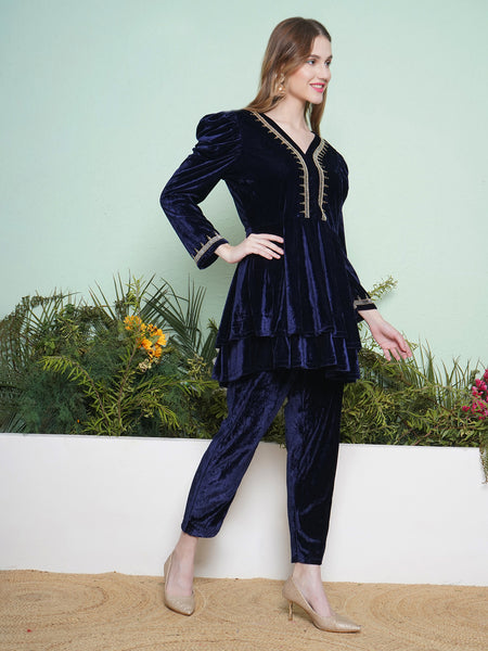 Navy Blue Hand Embellished Velvet Kurta Set-WRKS139