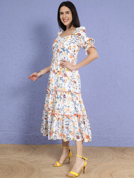 Floral Pure Cotton Tiered Dress-WRK290