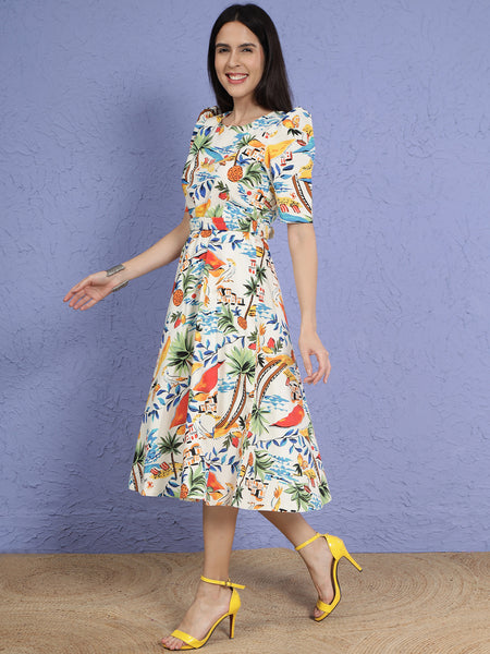Tropical Poplin Printed Dress with Belt-WRK289