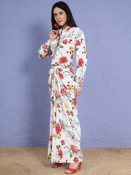 Floral Elegance Cotton Blend Shirt & Drape Skirt Set-WRKS268