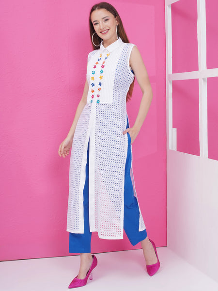 White Cotton Schifflie Jacket with Inner and Pants-WRKS169