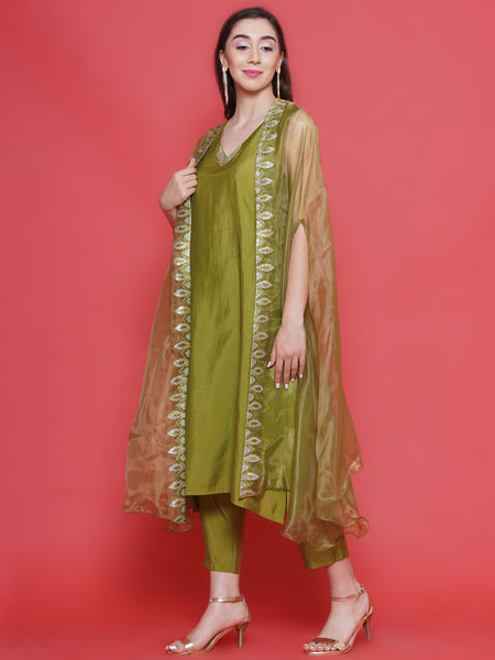 Green Muslin Set With Embroidered Organza Kaftaan Style Jacket-WRKS132