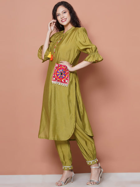 Green Art Silk Emdroidered Afghani Set-WRKS116