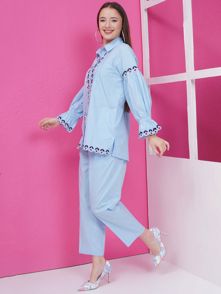 Blue Cotton Popline Embroiderd Shirt with Pant-WRKS167