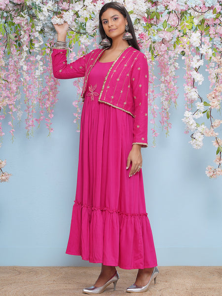 Pink Full Lenght Anarkali Gown with Hand embellished short jacket-WRK473