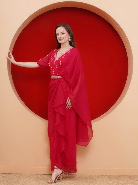 Pink Georgette Hand Embellished Choli with Drape Skirt and Belt-WRKS184