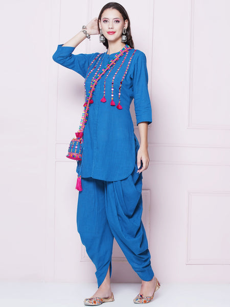 Blue Mirror Embroidered Kurta with Salwaar And Potli-WRKS156B