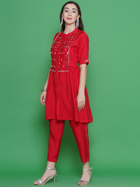 Red Muslin Kurta Set with Mirror Work-WRKS131