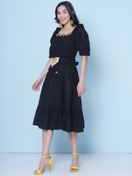 Black Cotton Dress with Belt and Pouch-WRK465