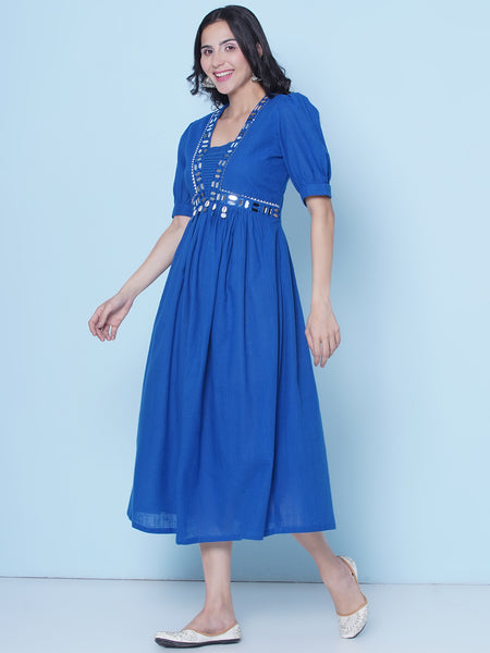 Blue Mirror Embroidered Empire Line Dress-WRK464