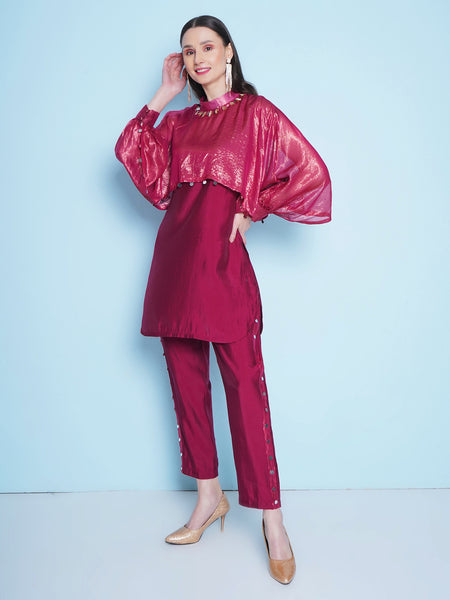 Maroon Hand Embellished Muslin Kurta Set-WRKS148