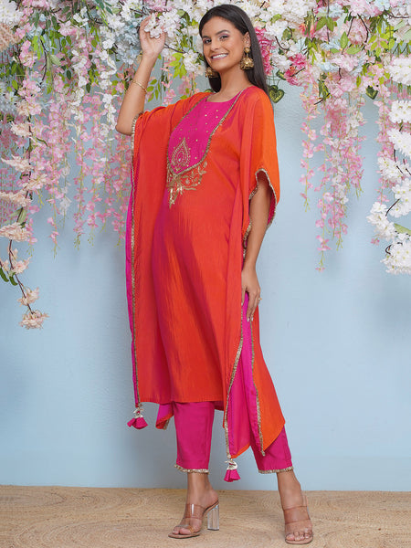 Orange And Pink Dual Tone Hand Embellished Kaftaan with Pants-WRKS197