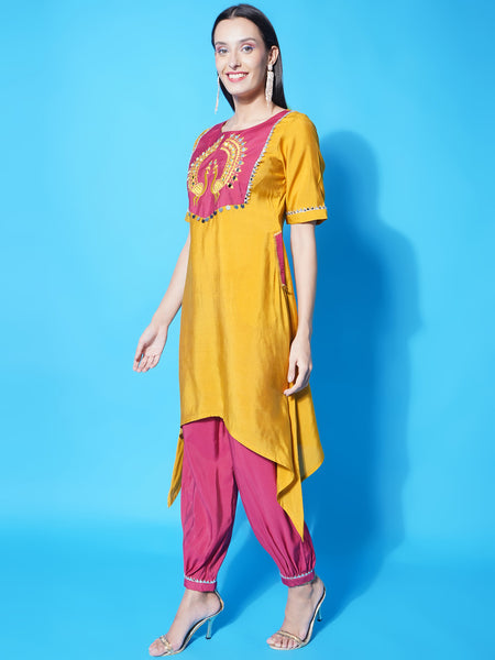 Mustard Assymetrical Kurta with Mirror Embroidery and Afghani Salwaar-WRKS121