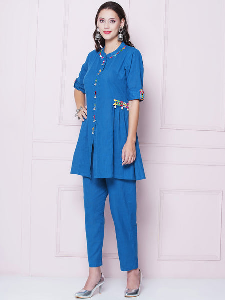 Blue Cotton Mirror Embroidered Coord Set-WRKS155