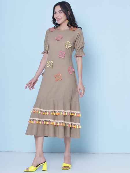 Brown Cotton Embroidered Dress-WRK458