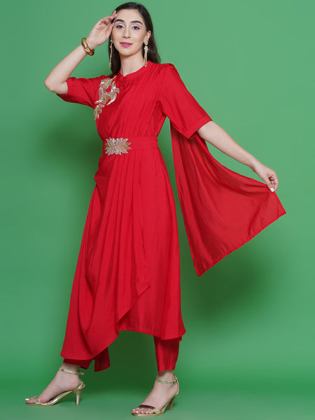 Red Muslin Hand Embellished Drape Set-WRKS129R