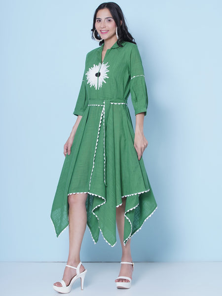 Green Hand Embroiderd Cotton Dress-WRK466