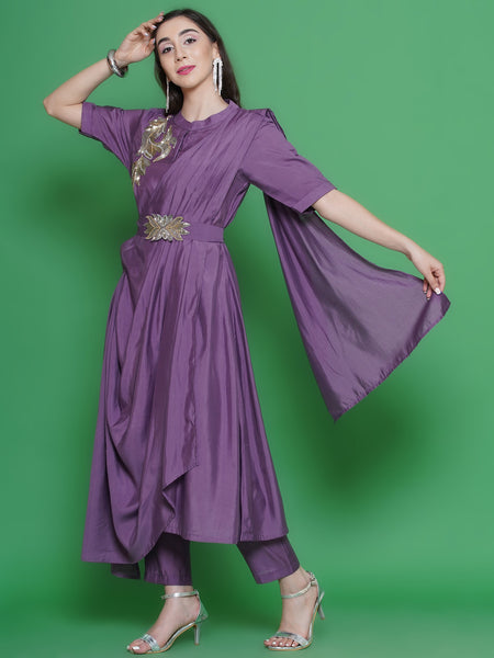 Mauve Hand Embellished Drape Set-WRKS129M