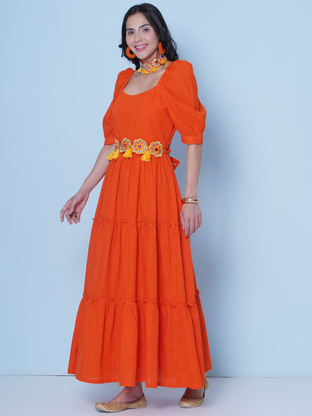 Orange Tiered Cotton Dress With belt and Necklace-WRK457