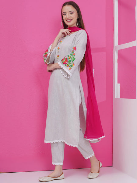 Grey Handloom Cotton Suit set with Dupatta-WRS001