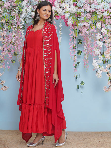 Red Full Length Anarkali Gown with Hand Embellished Cape-WRK472